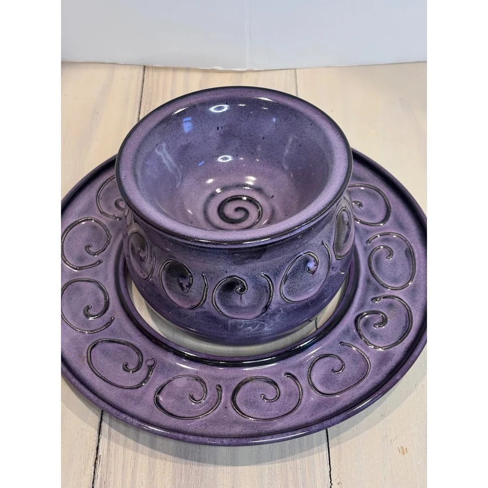 Bostwick 2016 Studio Pottery Purple Swirl 3-Piece Chip Dip Set Artisan Ceramic